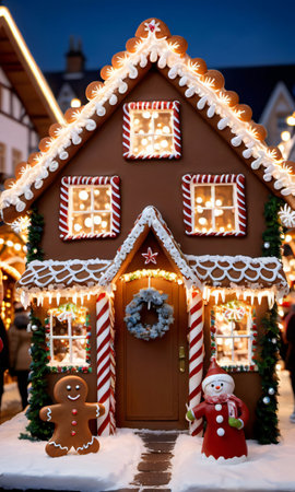 Photo Of Christmas Gingerbread House With Fairy Lights And A Wreath On The Door In The Midst Of A Christmas Marke. Generative AIの素材