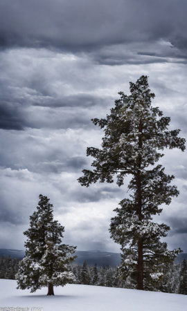 A Decorated Tree On A Snowy Hill, Under A Stormy Sky. Generative AIの素材