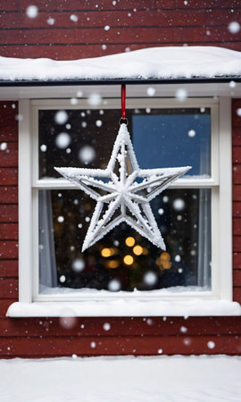 A Christmas Star Decoration In A Window, The Street Outside Covered In Fresh Snow. Generative AIの素材