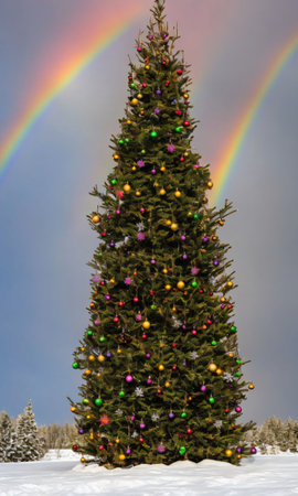A Christmas Tree In A Snowy Field, Under A Rainbow. Generative AIの素材
