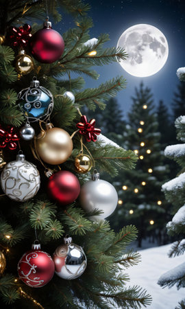 Photo Of Christmas Pine Tree Branches Draped With Jingle Bells And Glass Ornaments In A Moonlit Forest Clearin. Generative AIの素材