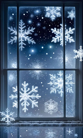 Twinkling Lights And Snowflakes Adorning A Frosty Window With Reflections Of The Moonlit Sk. Generative AIの素材