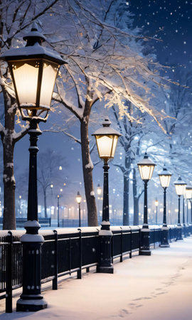 A Snowy Park With Decorated Lamp Posts And A Soft Glow Of City Lights. Generative AIの素材
