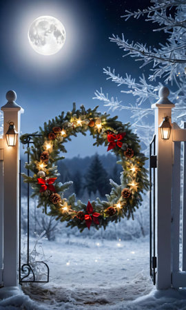 A Festive Wreath Adorned With Twinkling Lights Hanging On A Frost-Covered Gate, Backlit By The Moo. Generative AIの素材