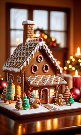 A Christmas Gingerbread House On A Table, The Room Illuminated By The Warm Light Of A Fireplace. Generative AIの素材