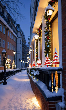 Christmas Decorations Adorning A Snowy Balcony, The Street Below Illuminated By Streetlights. Generative AIの素材