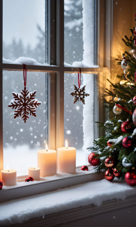 Christmas Decorations Adorning A Snowy Window Sill, The Room Inside Warmly Lit. Generative AIの素材