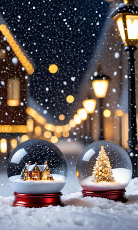 A Set Of Glittering Christmas Baubles And A Magical Snow Globe Nestled In Fresh Evening Snow Under Streetlight. Generative AIの素材