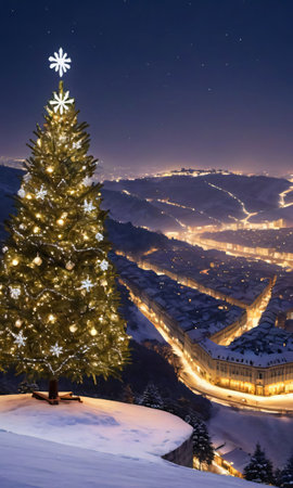 A Christmas Tree On A Snowy Hilltop, The City Lights Twinkling In The Distance. Generative AIの素材