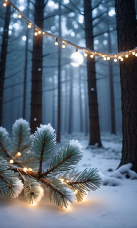 Frosty Pine Needles And Twinkling Fairy Lights In A Serene Moonlit Winter Fores. Generative AIの素材