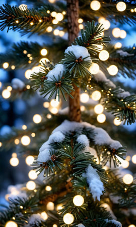 Glistening Snowflakes And Twinkling Fairy Lights Adorning A Pine Tree, Captured At Dus. Generative AIの素材