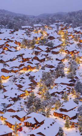 A Snowy Village With Homes Adorned With Lights And Festive Decorations. Generative AIの素材