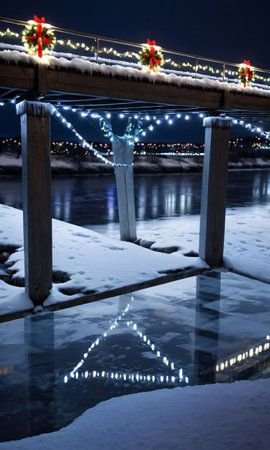 Christmas Lights Adorning A Snowy Bridge, Reflected In The Frozen River Below. Generative AIの素材