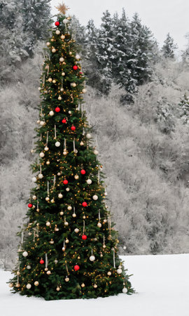 A Christmas Tree In A Snowy Field, Surrounded By Decorated Boulders. Generative AIの素材