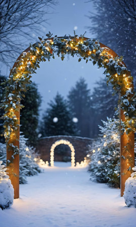 A Decorated Archway Leading Into A Snowy Garden With Fairy Lights. Generative AIの素材