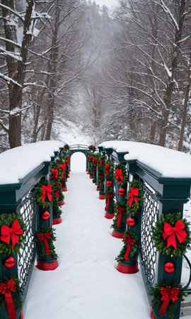 A Festive Bridge Over A Snowy River, Adorned With Wreaths And Lights. Generative AIの素材
