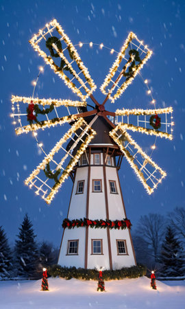 A Festive Windmill With Lights And Wreaths In A Snowy Setting. Generative AIの素材
