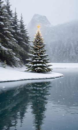 A Christmas Tree On A Snowy Island, Surrounded By Calm Waters. Generative AIの素材