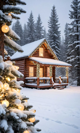 A Snowy Scene Featuring A Wooden Cabin Adorned With Twinkling Lights And Snowy Pine Cone. Generative AIの素材