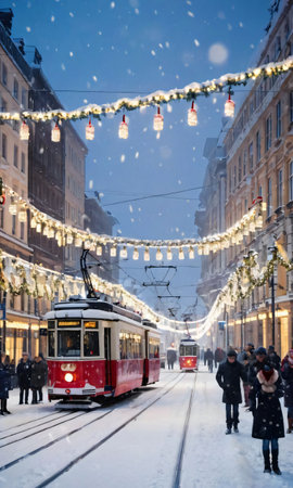 A Snowy City Street With Trams Adorned With Lights And Garlands. Generative AIの素材
