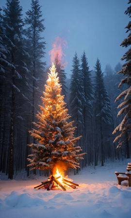 A Christmas Tree In A Snowy Forest, Illuminated By A Nearby Bonfire. Generative AIの素材