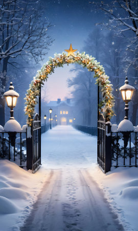 A Snowy Landscape Featuring A Frosty Gate Adorned With Garlands And Stars, Illuminated By Streetlight. Generative AIの素材