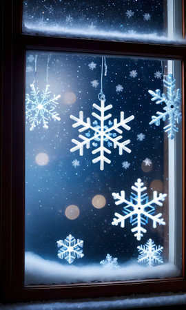 Snowflakes And Christmas Lights Against A Foggy Window, With A Starry Sk. Generative AIの素材