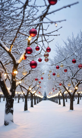 A Snowy Orchard With Trees Adorned With Ornaments And Lights. Generative AIの素材