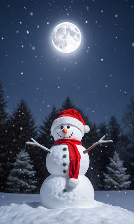 Snowman And SantaÃ¢ÂÂS Hat Amidst A Snowfall, Backlit By The Moo. Generative AIの素材