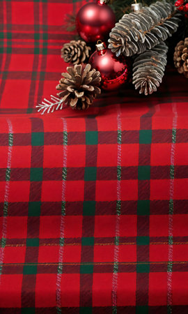 Photo Of Christmas Red And Green Plaid Tableclot. Generative AIの素材