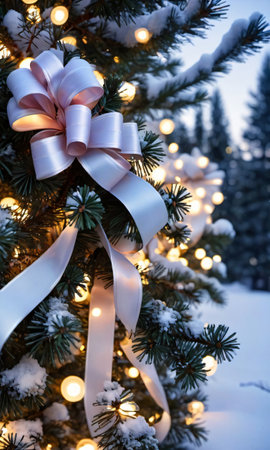 Ribbons And Bows Adorning A Snowy Pine Tree At Dus. Generative AIの素材