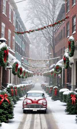 A Snowy Street With Vintage Cars Adorned With Wreaths And Ribbons. Generative AIの素材