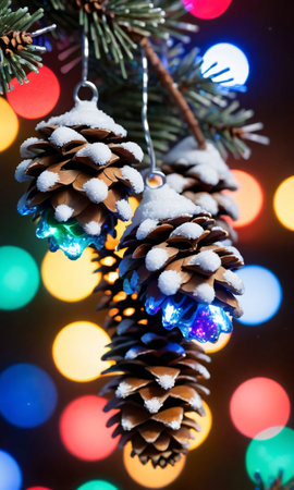 Pinecones And Icicles, Illuminated By Multicolored Christmas Light. Generative AIの素材