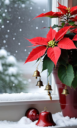 Poinsettia And Bells Displayed Together On A Snowy Window Sil. Generative AIの素材