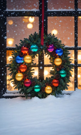 A Wreath And Christmas Lights Casting Colorful Reflections On A Snowy Windo. Generative AIの素材