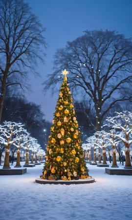 A Decorated Tree In A Snowy Park, Surrounded By Illuminated Statues. Generative AIの素材