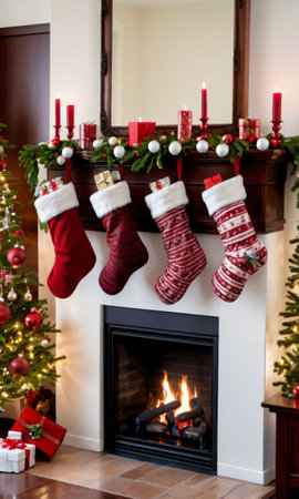 Photo Of Christmas Stockings Hanging By The Fireplac. Generative AIの素材