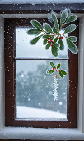 A Frosty Window With A View Of Mistletoe And Snowfal. Generative AIの素材