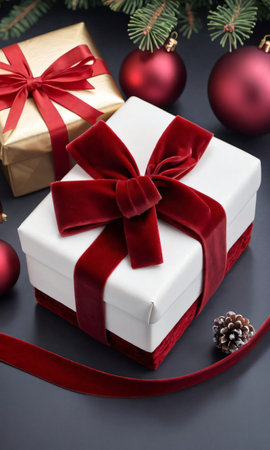 Photo Of Christmas Red Velvet Ribbon Wrapped Around A Gif. Generative AIの素材