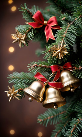 Photo Of Christmas Jingle Bells On A Christmas Tree Branc. Generative AIの素材