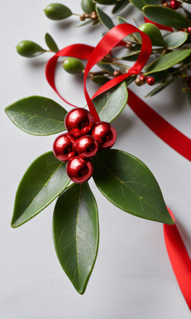 Photo Of Christmas Mistletoe With A Red Ribbo. Generative AIの素材