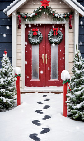 Photo Of Christmas Snowy Footprints Leading To A Doo. Generative AIの素材