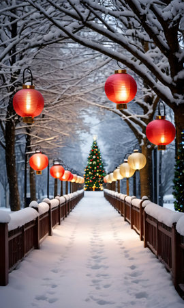 Photo Of Christmas Snowy Path Lined With Lantern. Generative AIの素材