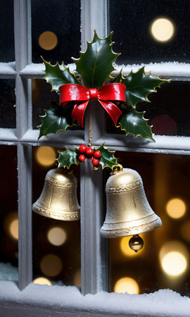Christmas Bells And Holly On A Frosty Window Sill At Nigh. Generative AIの素材