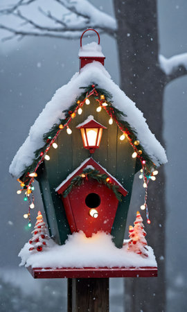 A Birdhouse Adorned With Christmas Lights In A Blizzar. Generative AIの素材