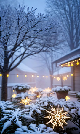Snowflakes And Christmas Lights In A Foggy Evening Garde. Generative AIの素材