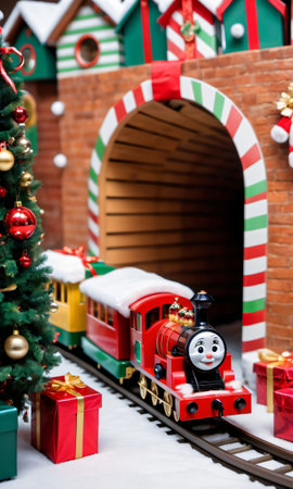 Photo Of Christmas Toy Train Going Through A Tunnel Of Gift. Generative AIの素材