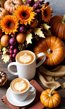Thanksgiving Pumpkin Latte, Roasted Root Vegetables, And A Cornucopi. Generative AIの素材
