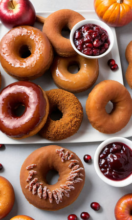 Thanksgiving Apple Cider Donuts, Pumpkin Cheesecake, And Cranberry Sauc. Generative AIの素材