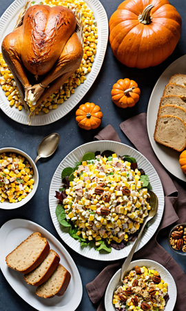 Thanksgiving Corn And Turkey Salad Beside A Plate Of Pumpkin And Walnut Brea. Generative AIの素材
